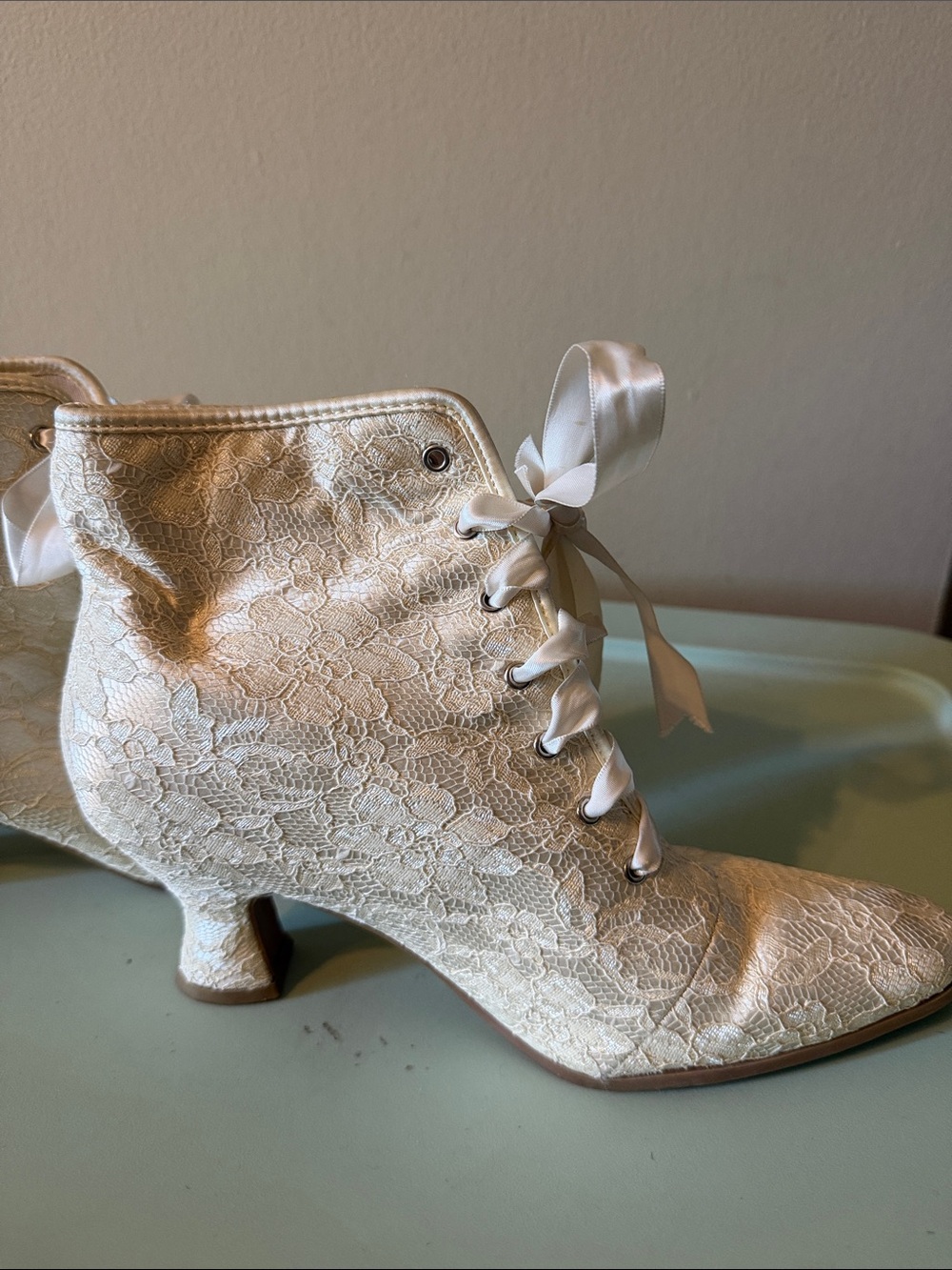 Ellie Ivory Lace-Up Victorian Ankle Boots with Satin Ribbon - Picture 3 of 3
